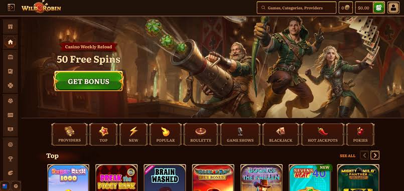 WildRobin Casino homepage met speelhal overzicht